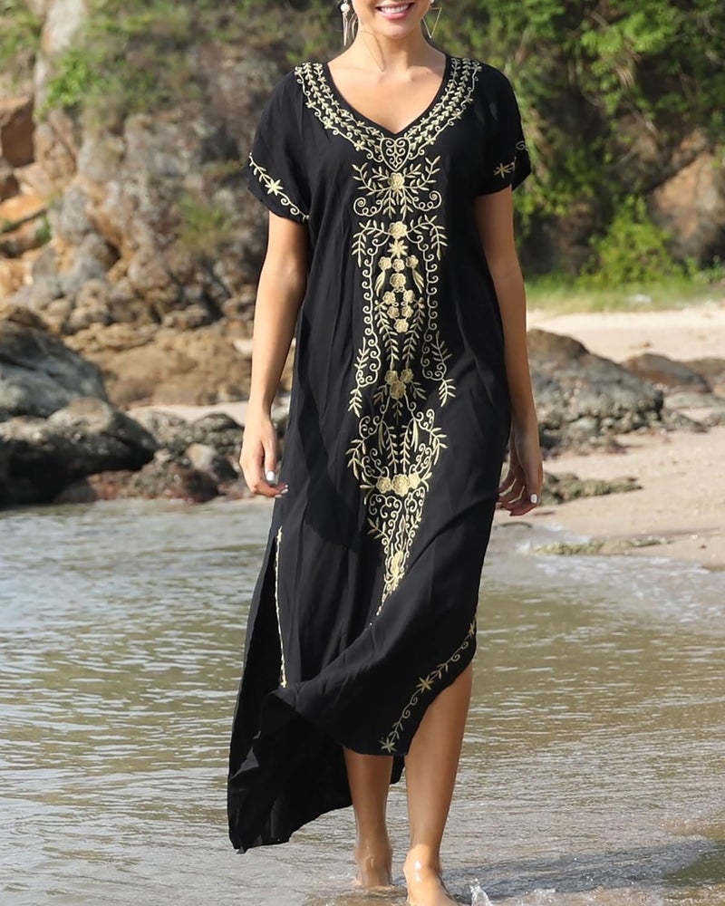 Women Embroidered Kaftan Dress - Short Sleeve Beach Cover Up - Image 2