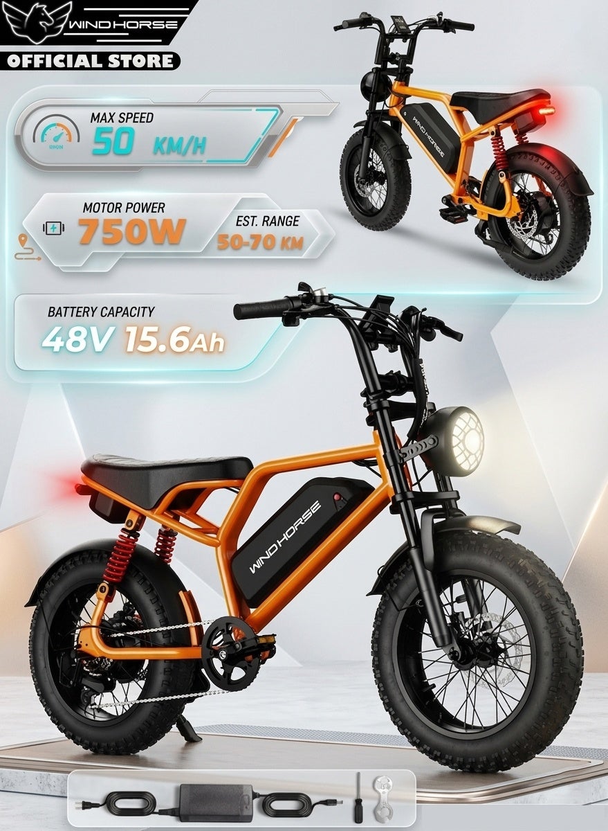 V8 Mini Electric Bike 750W Motor (1255W Peak Power) – 48V 15.6Ah Battery, 50KM/H Speed, 60KM Range, Bluetooth Speaker, Artificial Engine Sound, Dual Disc Brakes