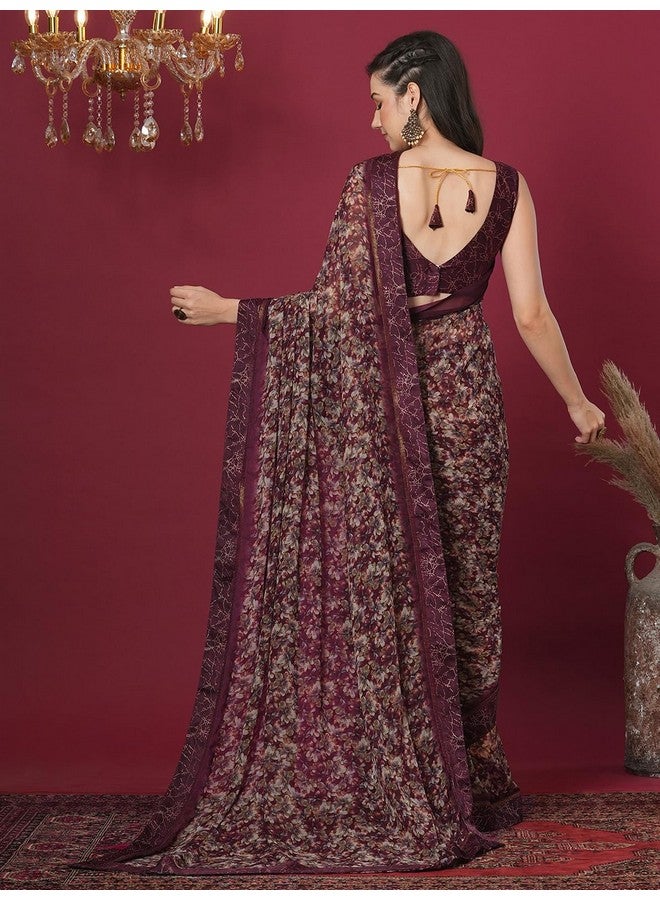 Satrani Women's Weight Georgette Floral Printed Saree with Unstitched Blouse Piece (4074S986N_Brown & Multi) - Image 3