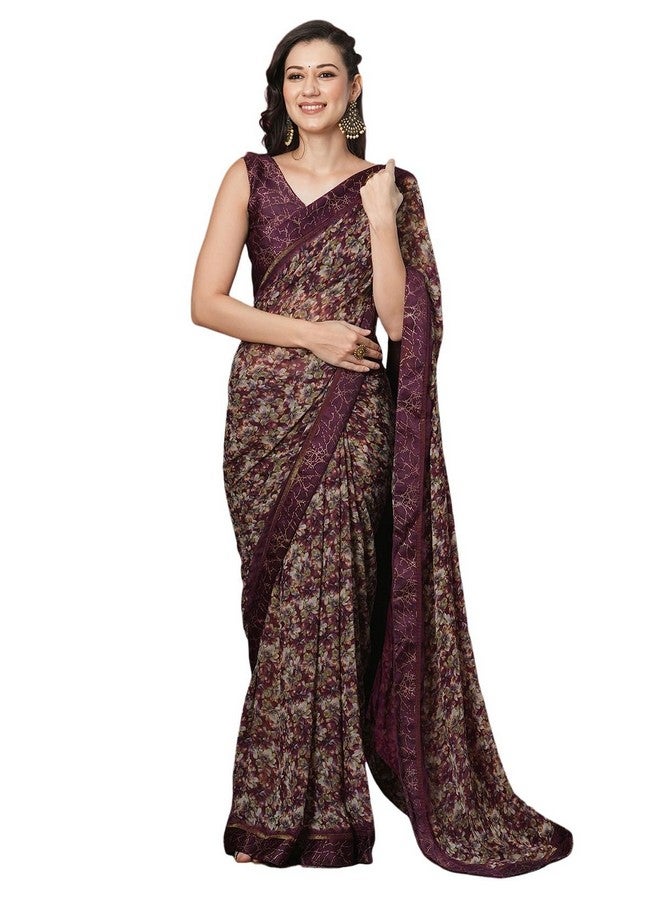 Satrani Women's Weight Georgette Floral Printed Saree with Unstitched Blouse Piece (4074S986N_Brown & Multi) - Image 1