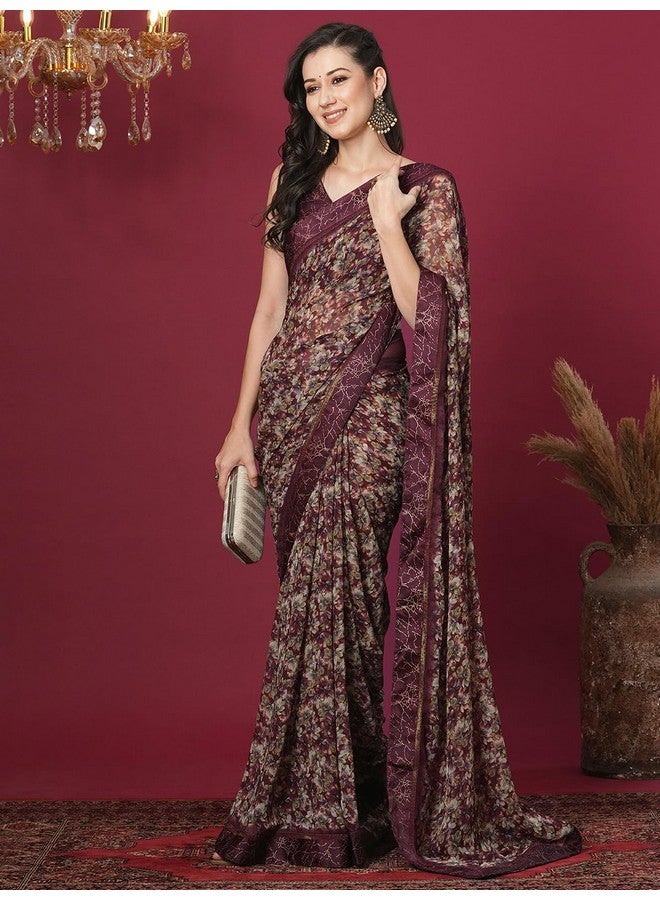Satrani Women's Weight Georgette Floral Printed Saree with Unstitched Blouse Piece (4074S986N_Brown & Multi) - Image 2