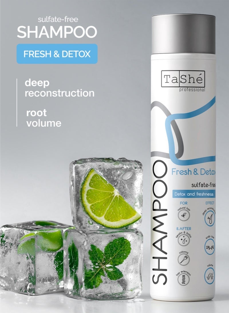 تاش شامبو فلاريو خالٍ من الكبريتات للشعر "FRESH & DETOX" من TaShe Professional، يعيد ترميم الشعر بعمق، يقوّي الشعر، يحارب القشرة، مناسب لجميع أنواع الشعر، 300 مل. - Image 1