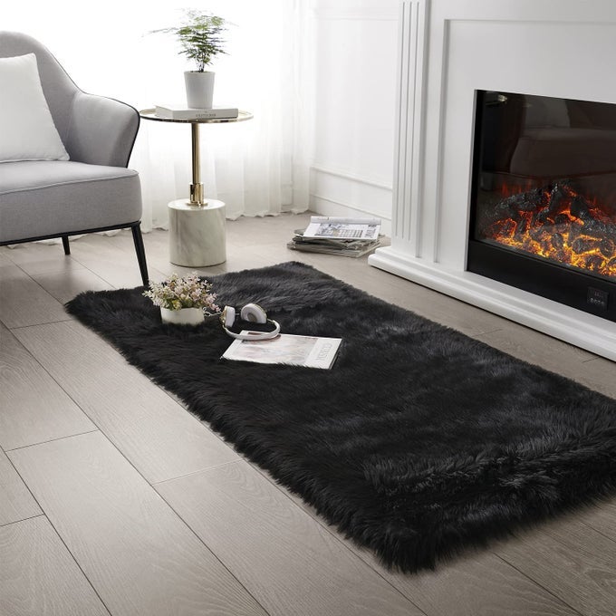 SOFT FLUFFY RUG COAL BLACK FAUX SHEEPSKIN FUR RUG SHAGGY AREA RUG FOR BEDROOM FLOOR LIVING ROOM 3X5 FEET