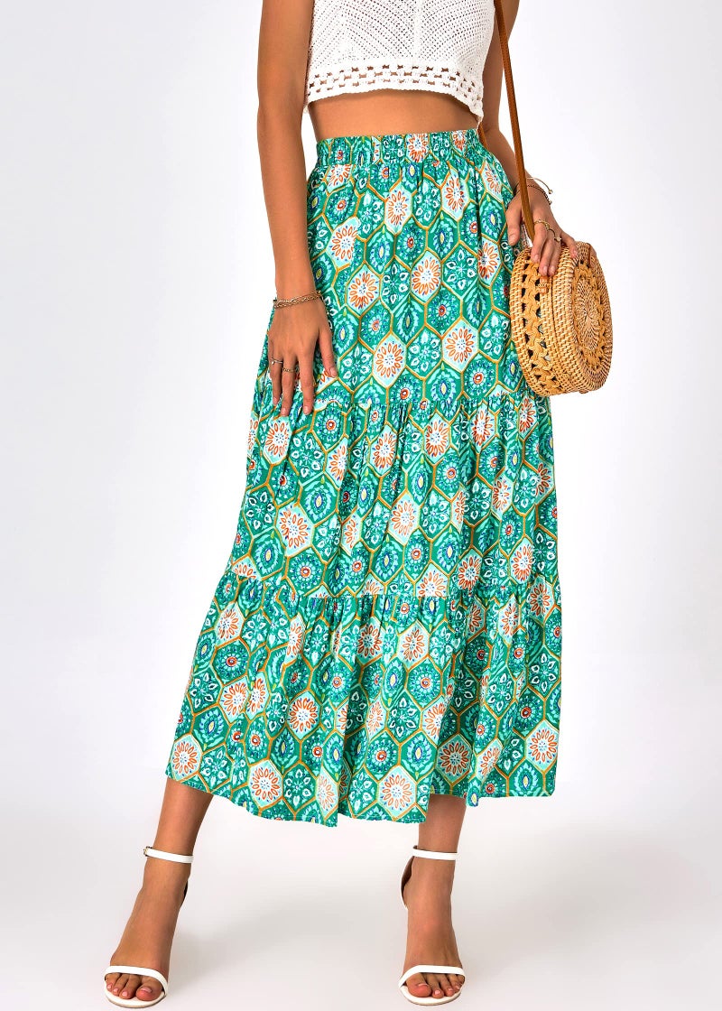 KIRUNDO Women 2026 Spring Summer High Waist Boho Floral Maxi Skirt Trendy Casual Flowy Swing Pleated A Line Beach Long Skirts(Green Geometry, X-Large) - Image 5