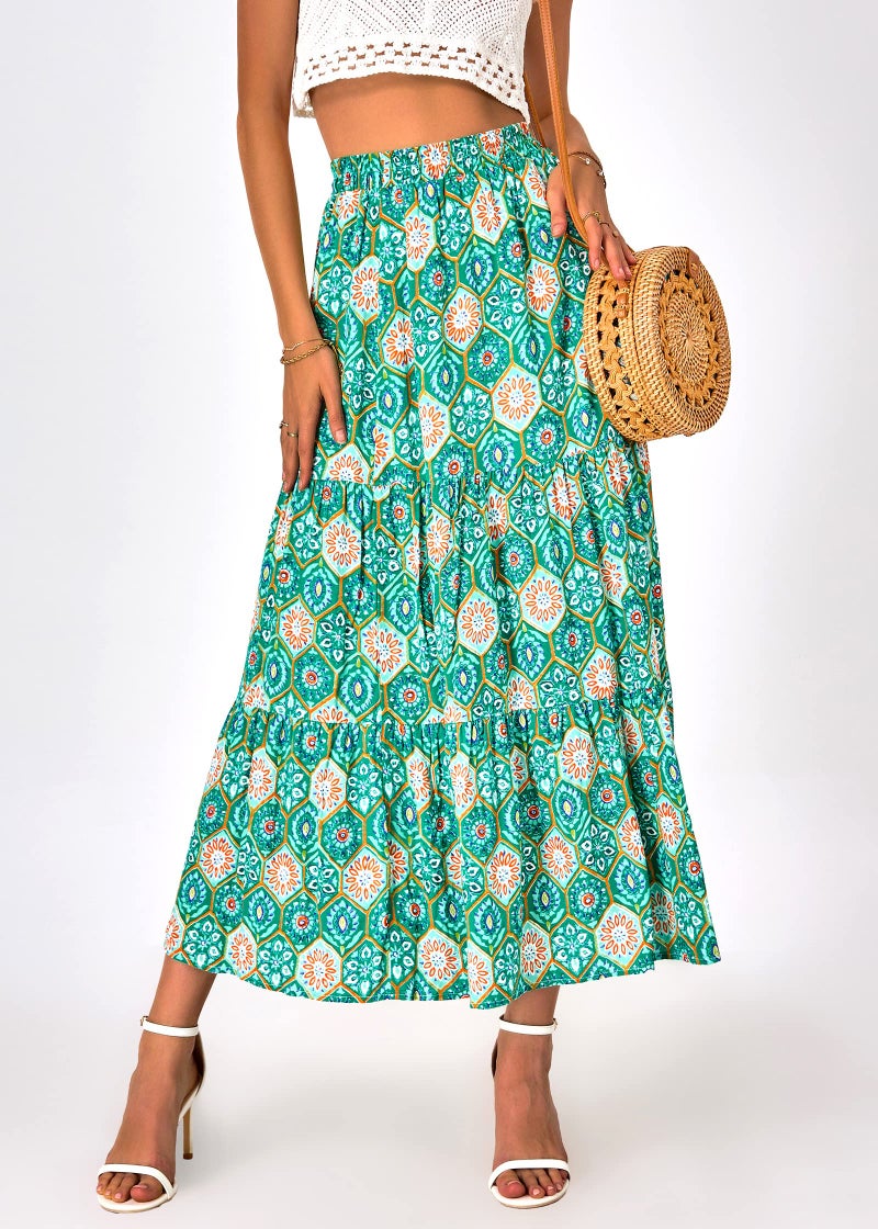 KIRUNDO Women 2026 Spring Summer High Waist Boho Floral Maxi Skirt Trendy Casual Flowy Swing Pleated A Line Beach Long Skirts(Green Geometry, X-Large) - Image 3
