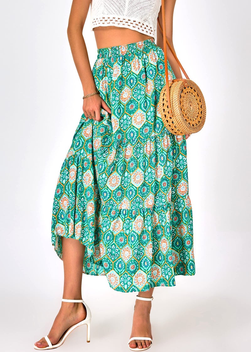 KIRUNDO Women 2026 Spring Summer High Waist Boho Floral Maxi Skirt Trendy Casual Flowy Swing Pleated A Line Beach Long Skirts(Green Geometry, X-Large) - Image 2