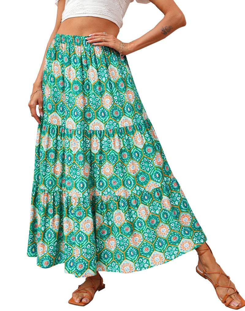 KIRUNDO Women 2026 Spring Summer High Waist Boho Floral Maxi Skirt Trendy Casual Flowy Swing Pleated A Line Beach Long Skirts(Green Geometry, X-Large) - Image 1
