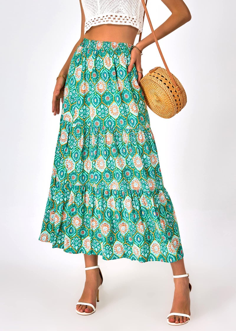 KIRUNDO Women 2026 Spring Summer High Waist Boho Floral Maxi Skirt Trendy Casual Flowy Swing Pleated A Line Beach Long Skirts(Green Geometry, X-Large) - Image 4