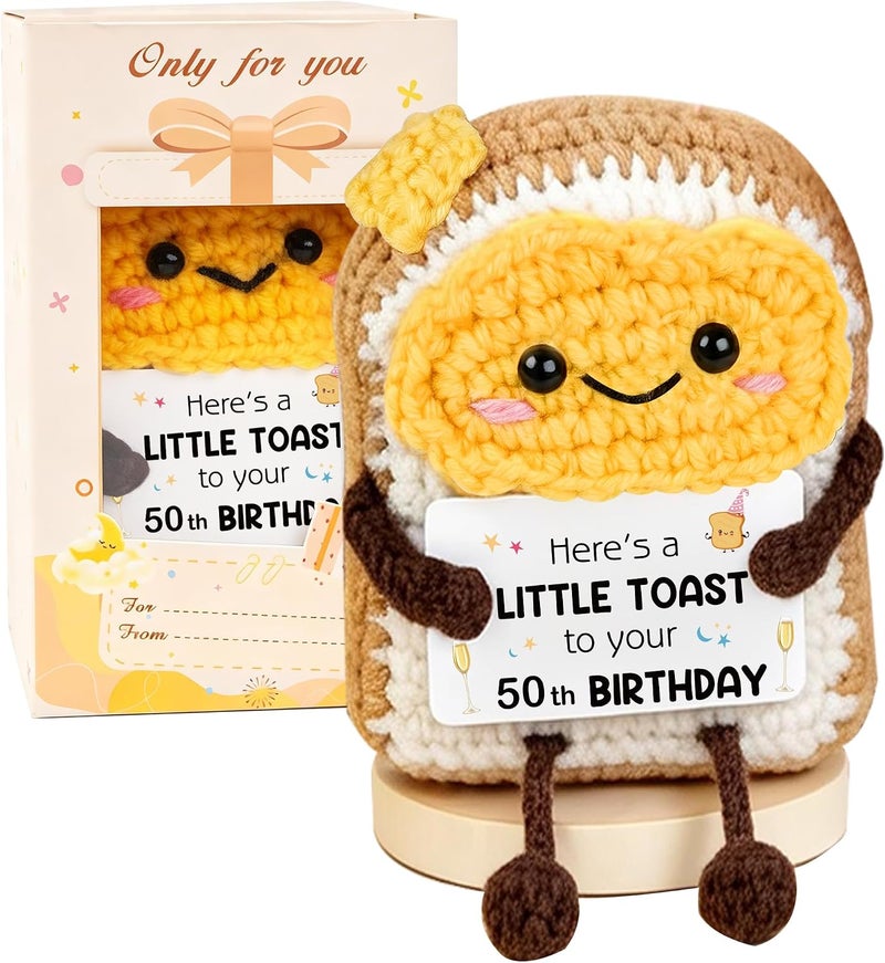 WITCOLOR 50th Birthday Gift For Women Men - Handmade Crochet Toast Ornament With Wood Base, Funny 50th Birthday Milestone Souvenir For Mom, Dad, Wife, Partner, Little Toast Desk Decor - Image 1