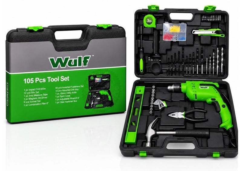 Wulf 105-Piece Power Tool Set with 650W Impact Drill, Hand Tools and Accessories in Heavy Duty Storage Case for Home Repair Construction Electrical DIY Workshop Applications - Image 2