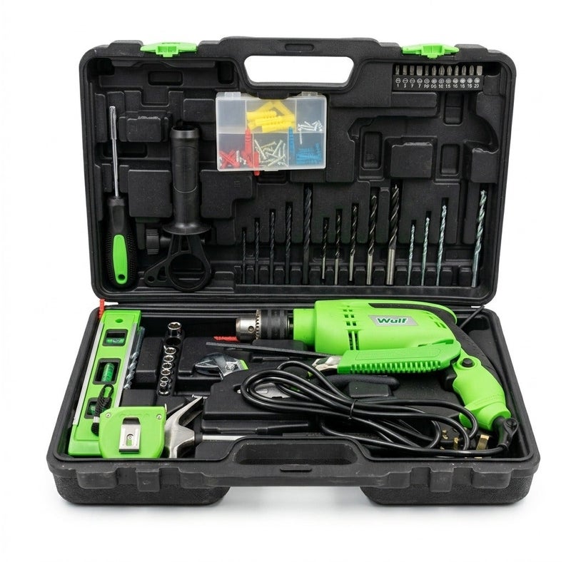 Wulf 105-Piece Power Tool Set with 650W Impact Drill, Hand Tools and Accessories in Heavy Duty Storage Case for Home Repair Construction Electrical DIY Workshop Applications - Image 1