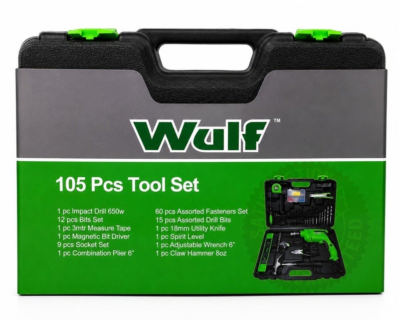 Wulf 105-Piece Power Tool Set with 650W Impact Drill, Hand Tools and Accessories in Heavy Duty Storage Case for Home Repair Construction Electrical DIY Workshop Applications - Image 3