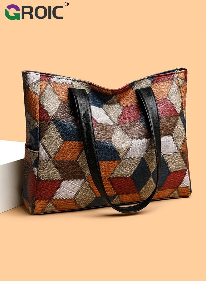 GROIC Large Tote Bag Vegan Leather Casual Zipper Work Bag,Color Retro Leather Stitching Tote Bag,Fashion Textured Shoulder Bag - Image 3