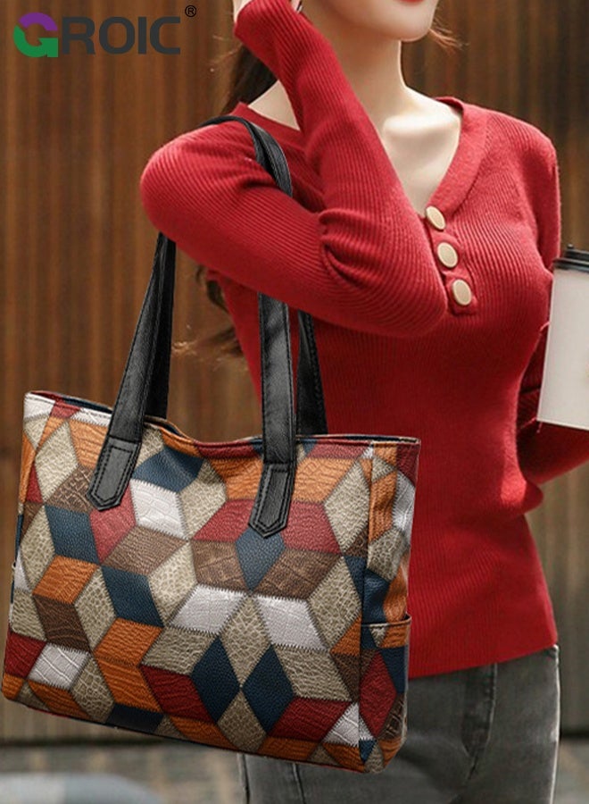 GROIC Large Tote Bag Vegan Leather Casual Zipper Work Bag,Color Retro Leather Stitching Tote Bag,Fashion Textured Shoulder Bag - Image 5