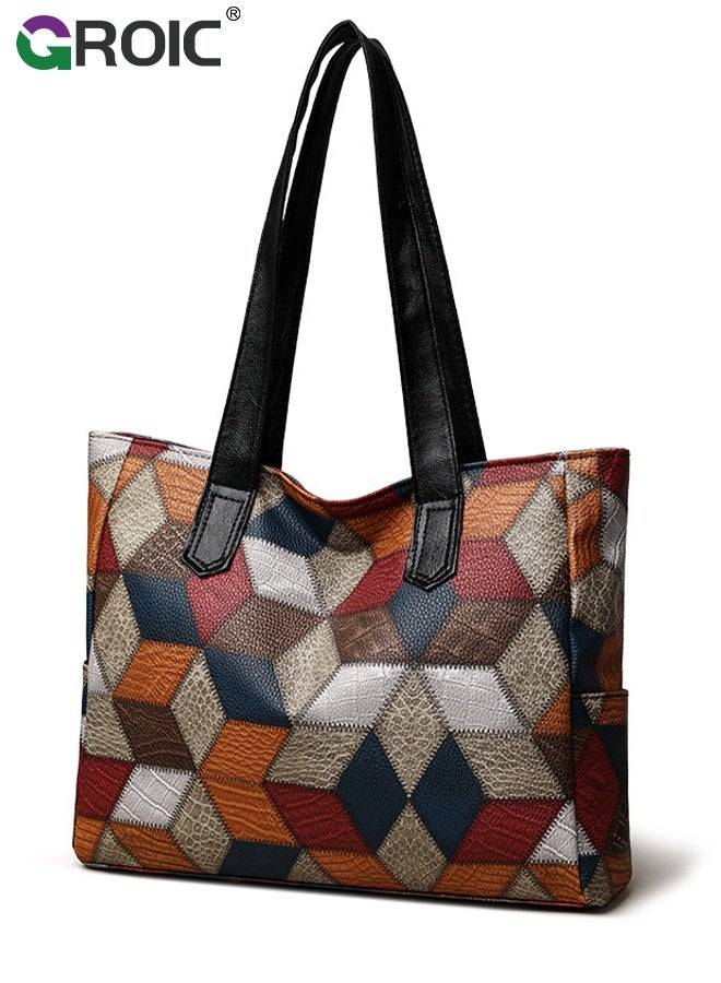 GROIC Large Tote Bag Vegan Leather Casual Zipper Work Bag,Color Retro Leather Stitching Tote Bag,Fashion Textured Shoulder Bag - Image 1