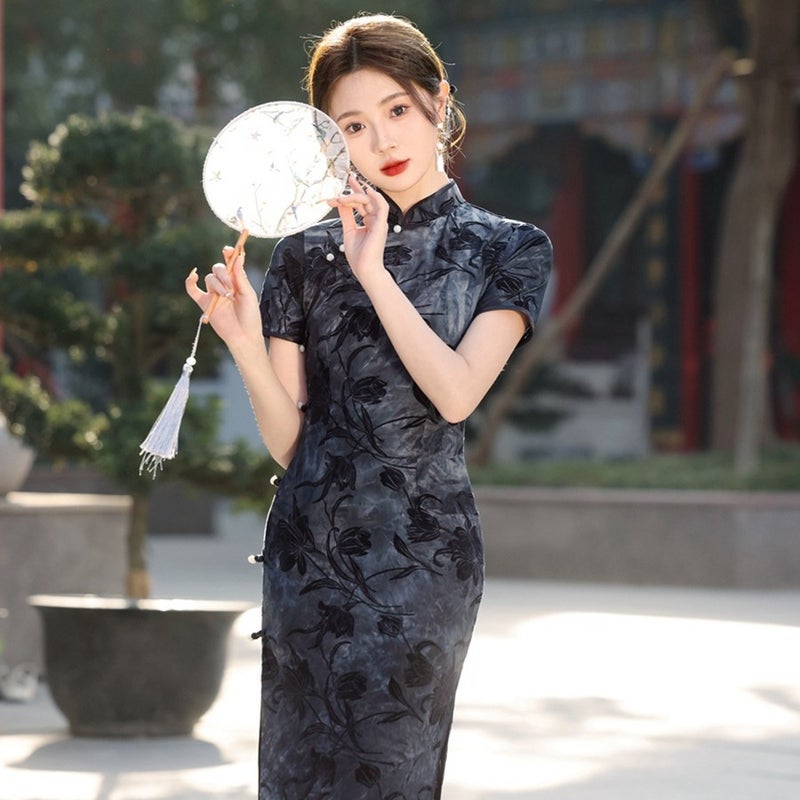 Shanghai Style Long Qipao Spring 2024 Elegant Short-Sleeve Dress Black