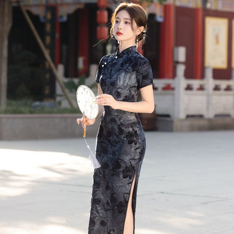 Shanghai Style Long Qipao Spring 2024 Elegant Short-Sleeve Dress Black