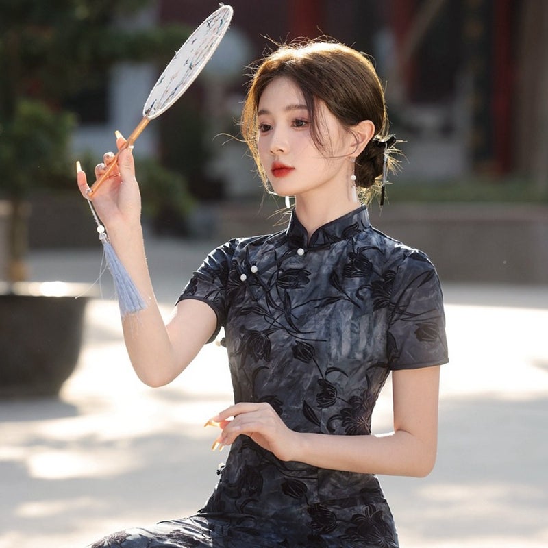 Shanghai Style Long Qipao Spring 2024 Elegant Short-Sleeve Dress Black