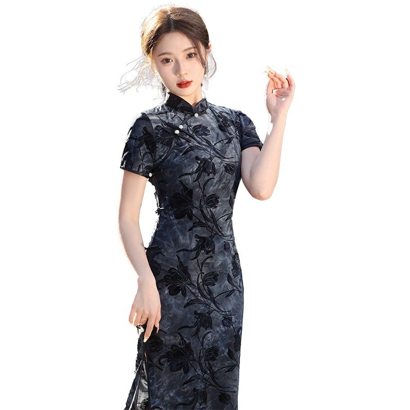 Shanghai Style Long Qipao Spring 2024 Elegant Short-Sleeve Dress Black
