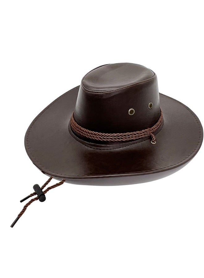 قبعة كلاسيكية واسعة الحواف لحماية من الشمس بأسلوب رعاة البقر الغربي مع حبل قابل للتعديل للرجال والنساء للسفر في الهواء الطلق والتخييم