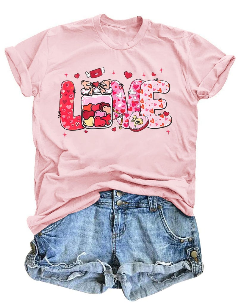 LUKYCILD Valentines Shirt Women Love Heart T-Shirts Funny Love Graphic Tee Casual Crewneck Short Sleeve Tops B-pink - Image 1