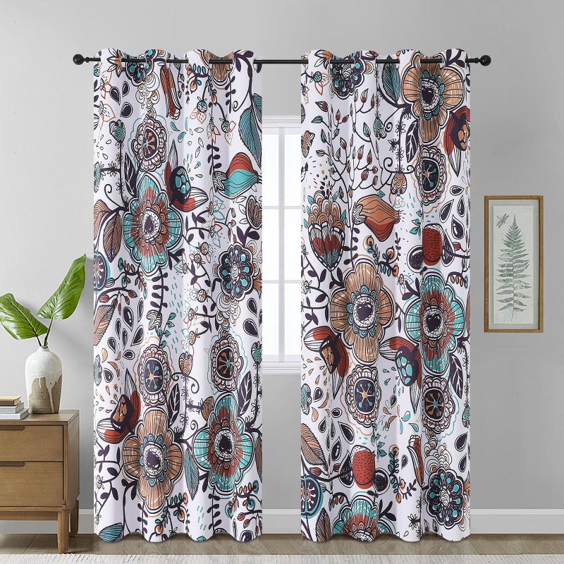 Estelar Textiler White Boho Abstract Vintage Floral Curtains 84 Inch Long for Bedroom,Colorful Flowers Pattern Classic Design Room Darkening Window Grommet Drapes for Living Room,52Wx84L,2 Panels - Image 1