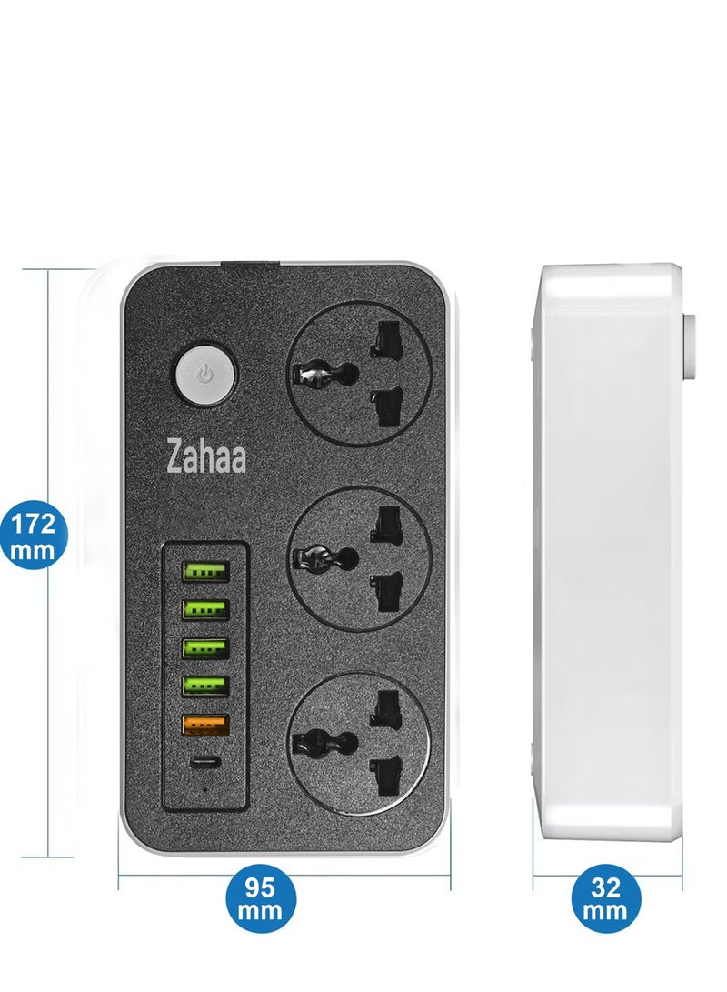 Zahaa 9 in 1 Universal Power Extension Cord with 3 Power Plugs and 6 USB Outlets 2 meter, 4 Way Power Strip with 6 USB Charging port, Extension Lead 2 meters - Image 2
