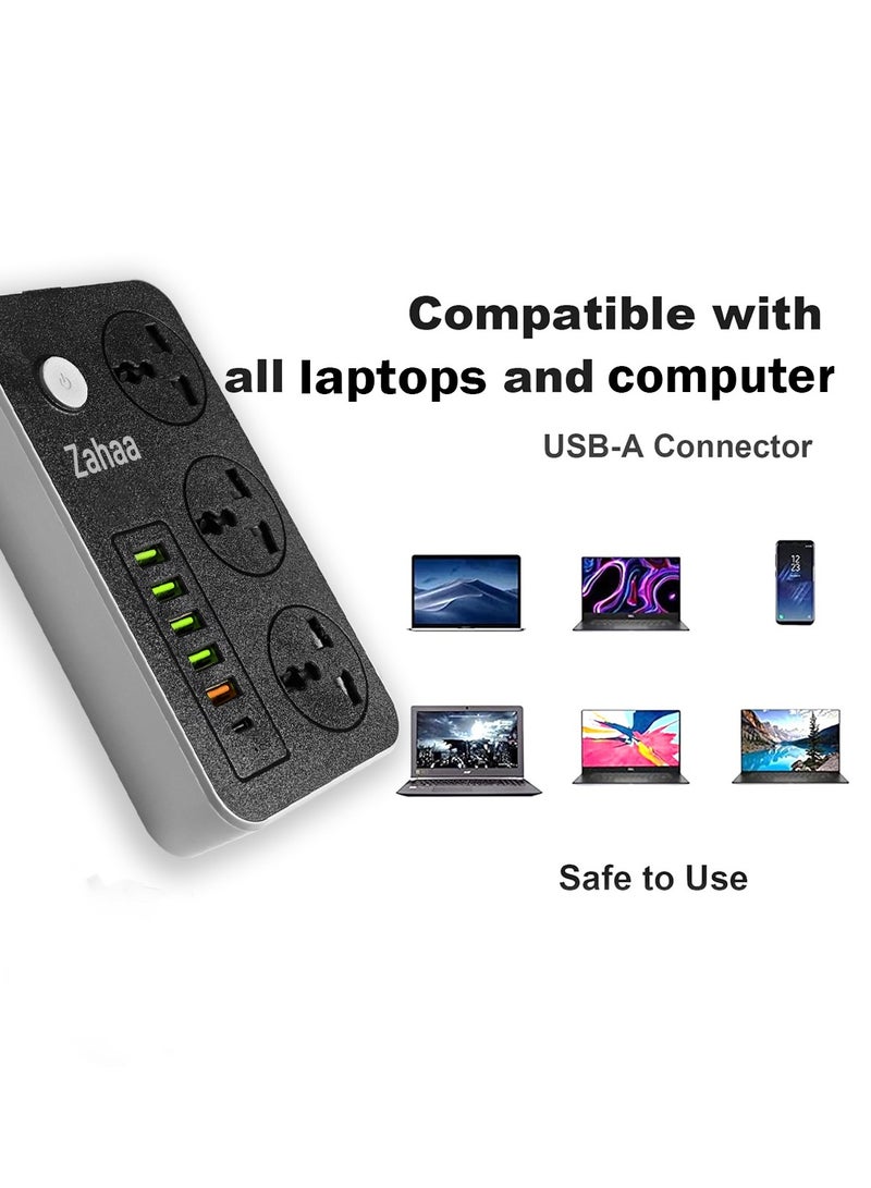 Zahaa 9 in 1 Universal Power Extension Cord with 3 Power Plugs and 6 USB Outlets 2 meter, 4 Way Power Strip with 6 USB Charging port, Extension Lead 2 meters - Image 5