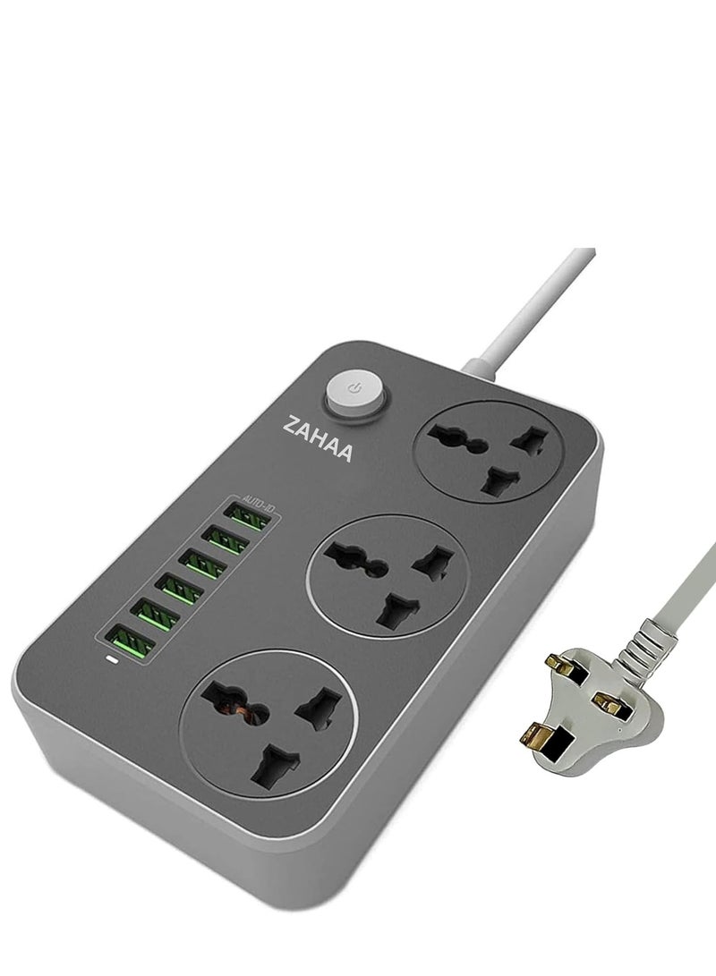 Zahaa 9 in 1 Universal Power Extension Cord with 3 Power Plugs and 6 USB Outlets 2 meter, 4 Way Power Strip with 6 USB Charging port, Extension Lead 2 meters - Image 1