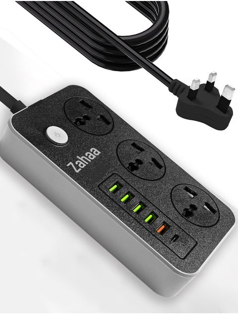 سلك تمديد طاقة عالمي بطول 2 أمتار مع 3 مقابس طاقة و6 منافذ USB، توصيلة كهرباء 3 مخارج مع منفذ شحن USB C، وصلة تمديد 2 أمتار
