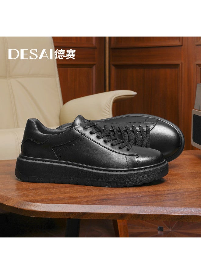 Desai Men's Genuine Leather Thick-soled Casual Board Shoes Men's All-match Fashion White Shoes Black 43