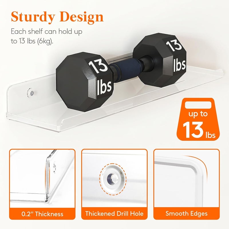 Lifewit Floating Shelves for Wall, 2 Pack 15" Clear Acrylic Shelf Room Decor for Book/Figures/Photo/Makeup in Bathroom, Book Shelf, Living Room, Bedroom, Kitchen Storage and Organization - Image 3