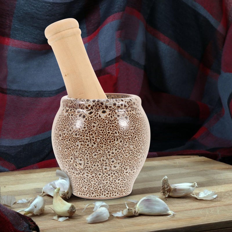 White Speckled Ceramic Garlic Mortar and Pestle Set for Grinding Spices Kitchen Restaurant Use - Image 5