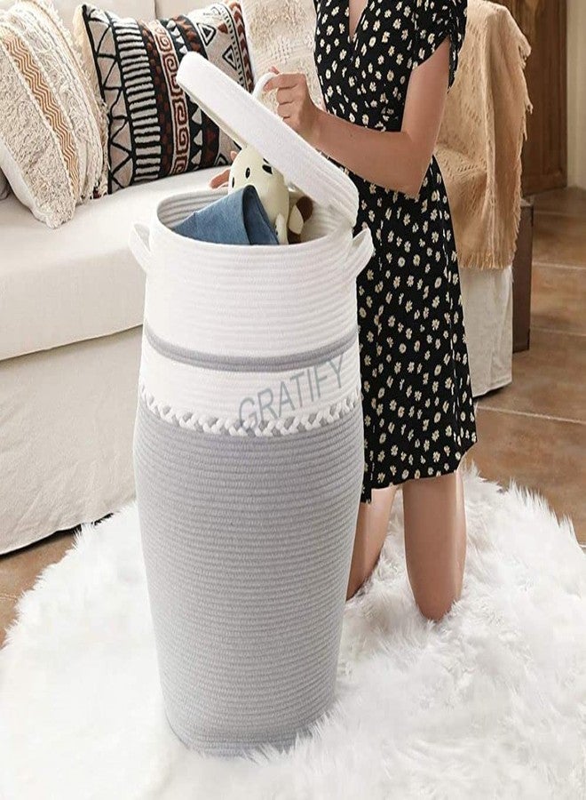 GRATIFY Mans traders Large Woven Rope Laundry Basket, with Lid 60L, 16" Wx18 H Woven Laundry Basket Tall Dirty Clothes Hamper with Handles Storage Blankets ( Grey) ,Cotton - Image 2