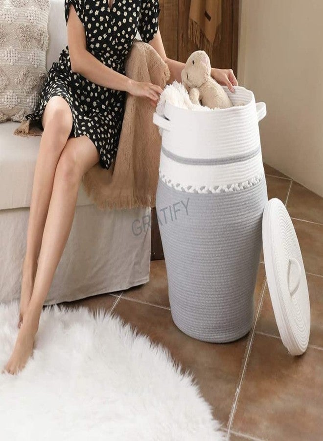 GRATIFY Mans traders Large Woven Rope Laundry Basket, with Lid 60L, 16" Wx18 H Woven Laundry Basket Tall Dirty Clothes Hamper with Handles Storage Blankets ( Grey) ,Cotton - Image 4