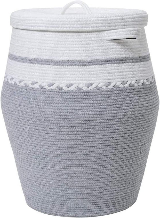 GRATIFY Mans traders Large Woven Rope Laundry Basket, with Lid 60L, 16" Wx18 H Woven Laundry Basket Tall Dirty Clothes Hamper with Handles Storage Blankets ( Grey) ,Cotton - Image 1
