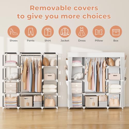 VTRIN Portable Closet Wardrobe for Hanging Clothes 57.3 Inch Large Capacity Clothes Rack with Cover, 10 Storage Organizer Shelves, 1 Hanging Rods and 6 Pockets, Free Standing Closet, White - Image 5