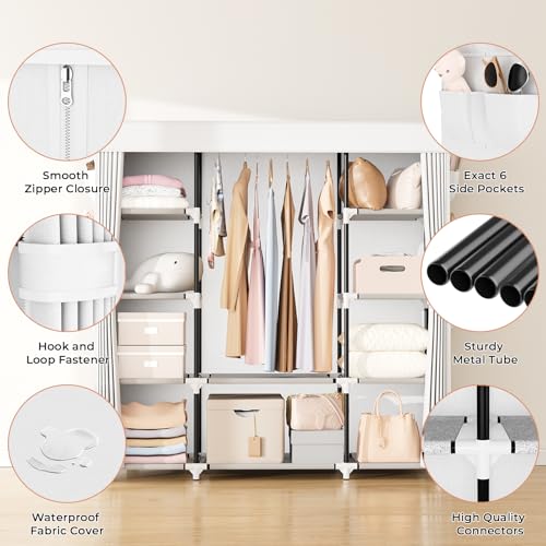 VTRIN Portable Closet Wardrobe for Hanging Clothes 57.3 Inch Large Capacity Clothes Rack with Cover, 10 Storage Organizer Shelves, 1 Hanging Rods and 6 Pockets, Free Standing Closet, White - Image 4