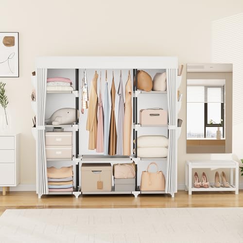 VTRIN Portable Closet Wardrobe for Hanging Clothes 57.3 Inch Large Capacity Clothes Rack with Cover, 10 Storage Organizer Shelves, 1 Hanging Rods and 6 Pockets, Free Standing Closet, White - Image 2