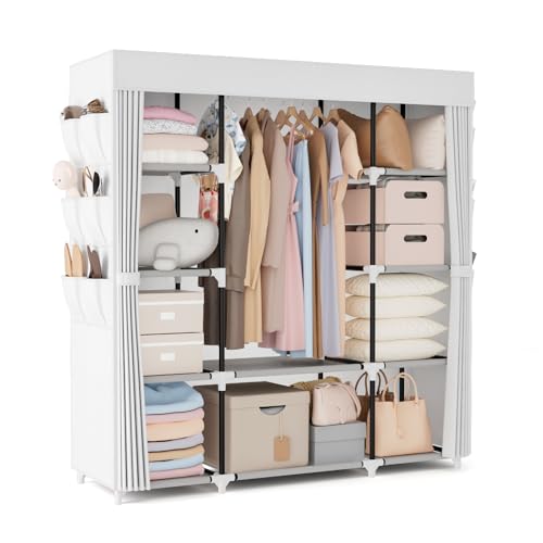 VTRIN Portable Closet Wardrobe for Hanging Clothes 57.3 Inch Large Capacity Clothes Rack with Cover, 10 Storage Organizer Shelves, 1 Hanging Rods and 6 Pockets, Free Standing Closet, White - Image 1