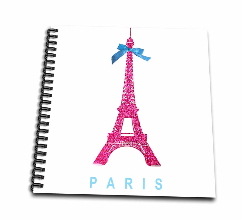 3dRose db_112907_1 Hot Pink Eiffel Tower from Paris with Girly Blue Ribbon Bow-White Stylish Parisian France Souvenir-Drawing Book, 8 by 8-Inch - Image 2