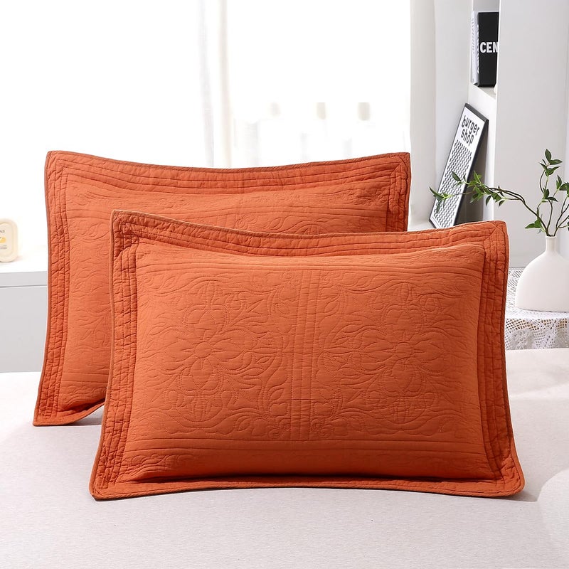 WINLIFE WINLIFE 100% Cotton Quilted Pillow Sham Floral Printed Pillow Cover (Standard  Burnt Orange)  - Image 1