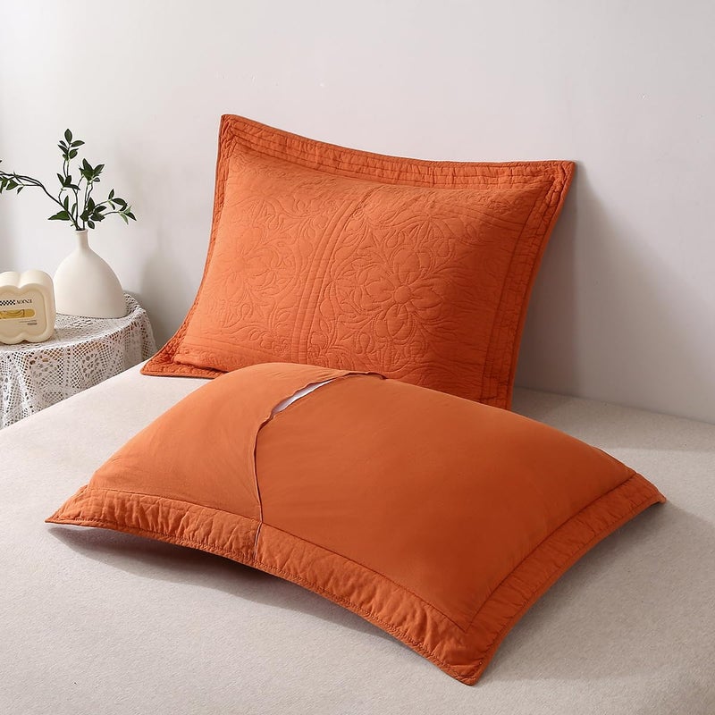 WINLIFE WINLIFE 100% Cotton Quilted Pillow Sham Floral Printed Pillow Cover (Standard  Burnt Orange)  - Image 4