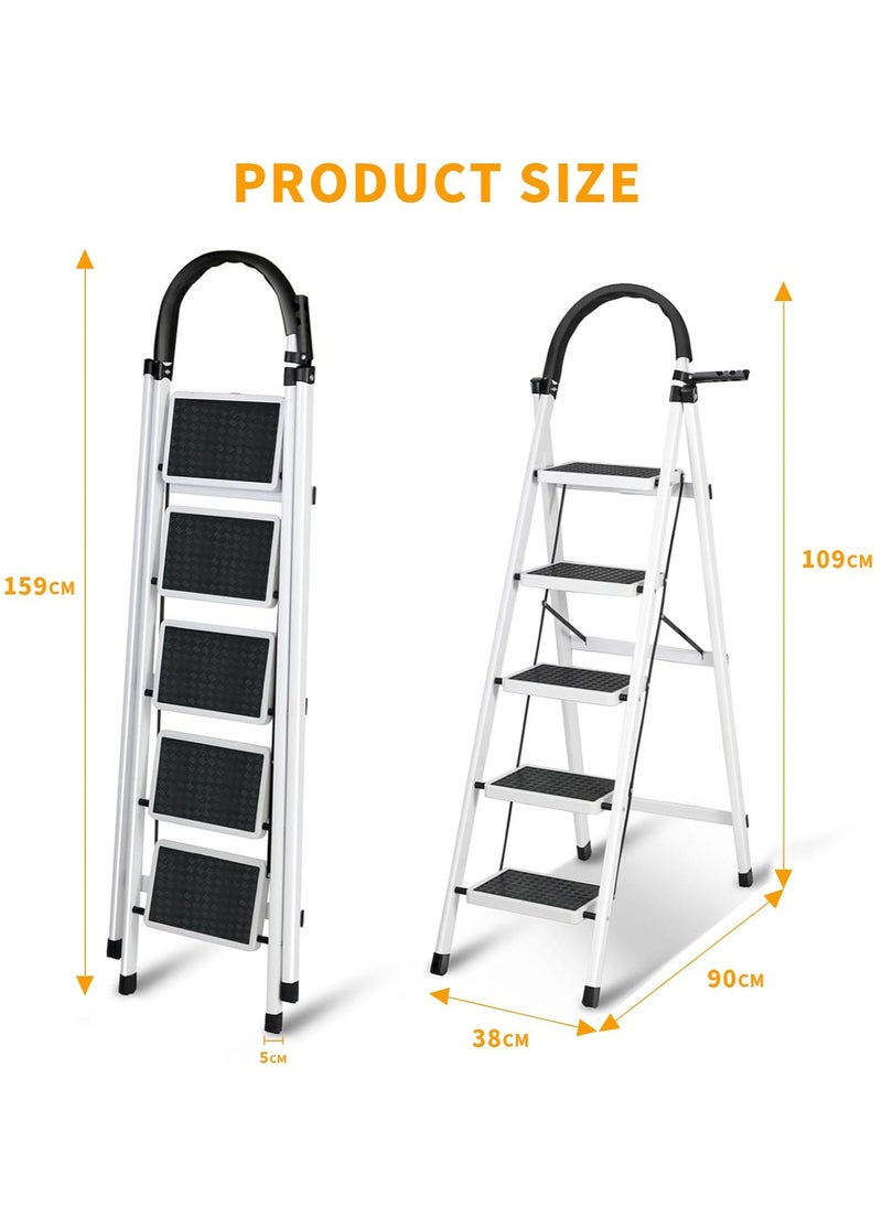 Yoawllty 5 Steps Folding Ladder, Folding Home Ladder with Wide Anti-Slip Pedal, Durable Steel Folding Ladder for Home, Kitchen, Garden, Office  - Image 2