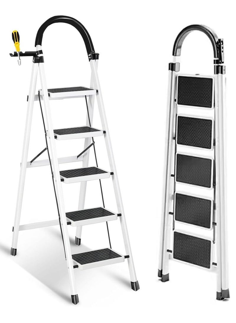 Yoawllty 5 Steps Folding Ladder, Folding Home Ladder with Wide Anti-Slip Pedal, Durable Steel Folding Ladder for Home, Kitchen, Garden, Office  - Image 1