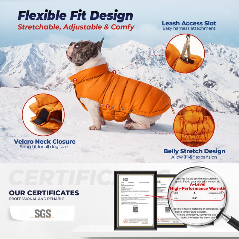 SPACE LION Dog Puffer Jacket, Down Winter Coat, Durable Outdoor Coat for Cold and Windy Conditions, Lightweight & Adjustable Fit Coats for Small & Medium Dogs, (Orange, Size 12 Gift Box) - Image 3