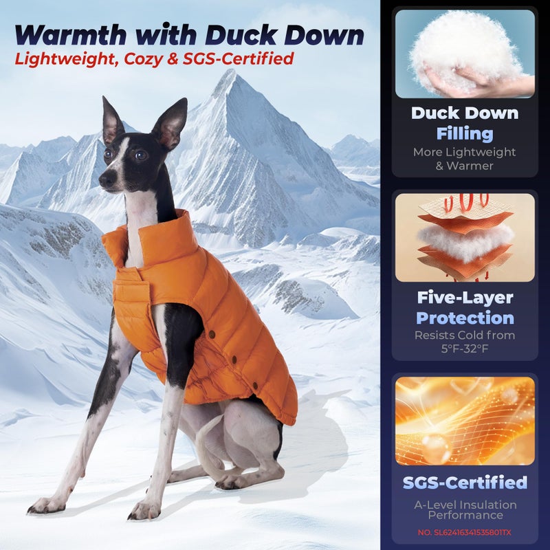 SPACE LION Dog Puffer Jacket, Down Winter Coat, Durable Outdoor Coat for Cold and Windy Conditions, Lightweight & Adjustable Fit Coats for Small & Medium Dogs, (Orange, Size 12 Gift Box) - Image 2