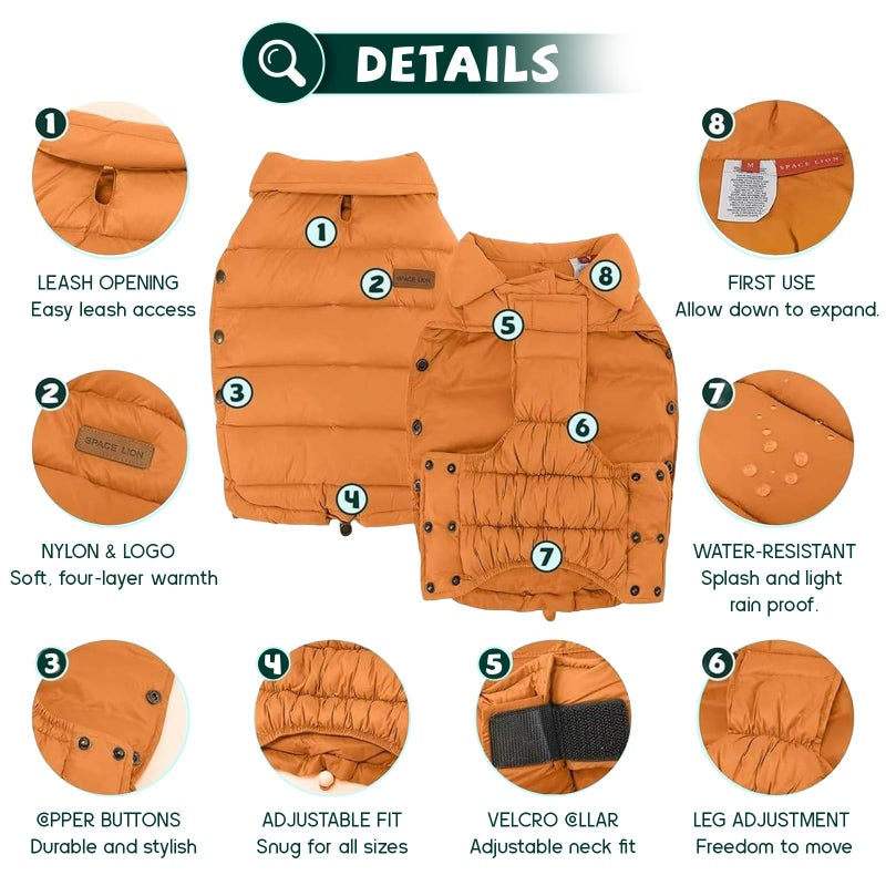 SPACE LION Dog Puffer Jacket, Down Winter Coat, Durable Outdoor Coat for Cold and Windy Conditions, Lightweight & Adjustable Fit Coats for Small & Medium Dogs, (Orange, Size 12 Gift Box) - Image 5