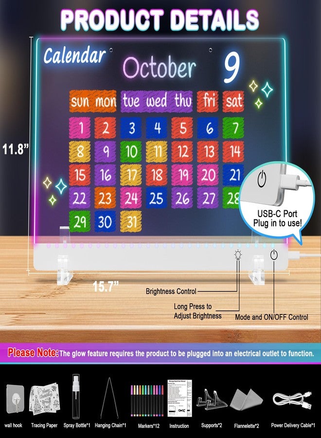 جيفت4يو لوحة رسم لومي LED للأطفال مع 12 قلم تلوين، لوحة ملاحظات LED مقاس 13.7 × 10 بوصة بألوان متعددة، 4 أوضاع و7 ألوان، لوحة أكريليك قابلة للمسح الجاف مع إضاءة للمنزل والمكتب وهدايا أعياد الميلاد والكريسماس (أبيض) - Image 2