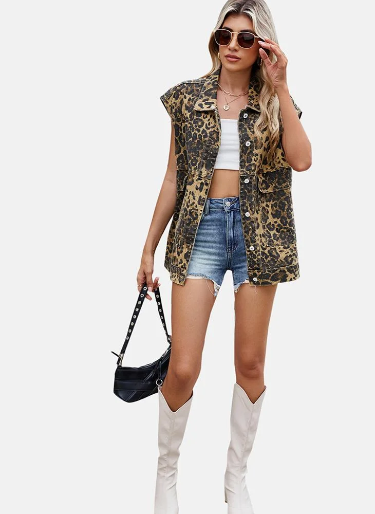 YUNIQEE Brown Printed Regular Fit Sleeveless Denim Jacket